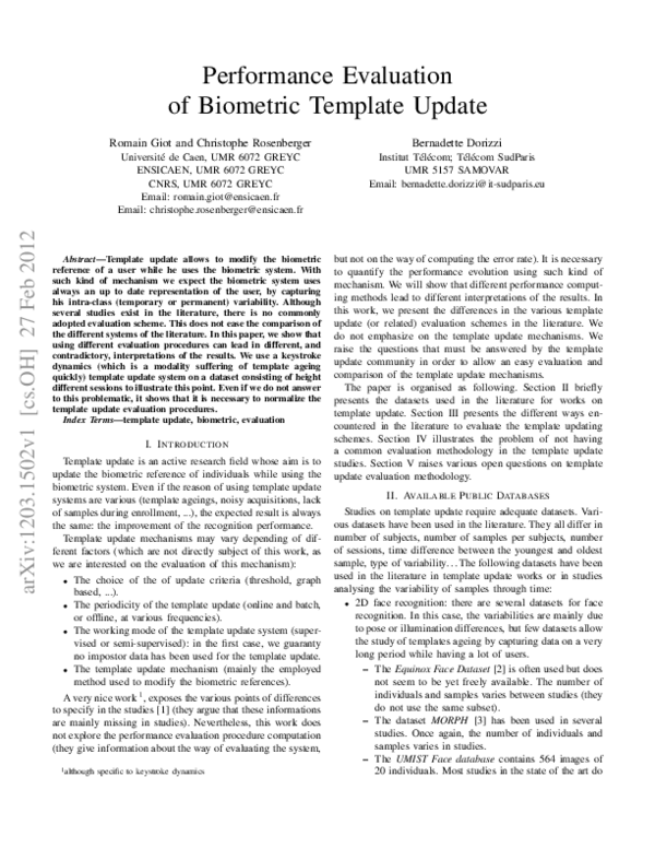 (PDF) Performance Evaluation of Biometric Template Update