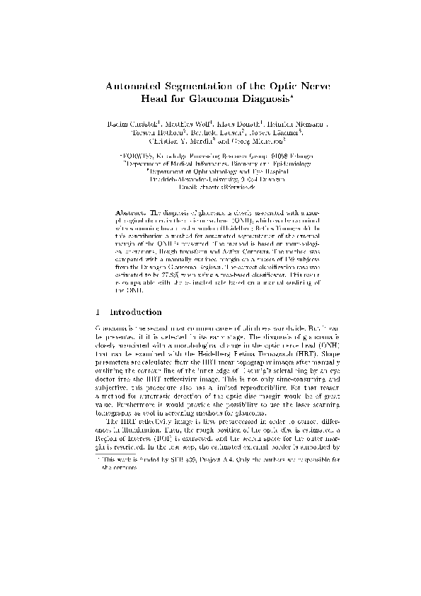 (PDF) Automated Segmentation of the Optic Nerve Head for Glaucoma Diagnosis