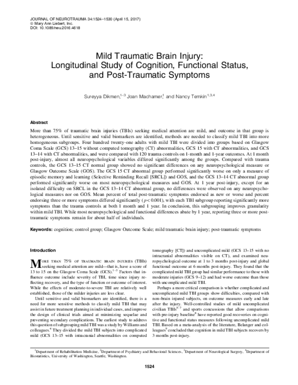 (PDF) Mild Traumatic Brain Injury: Longitudinal Study of Cognition ...