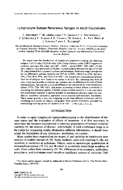 (PDF) Lymphocyte subset reference ranges in adult caucasians