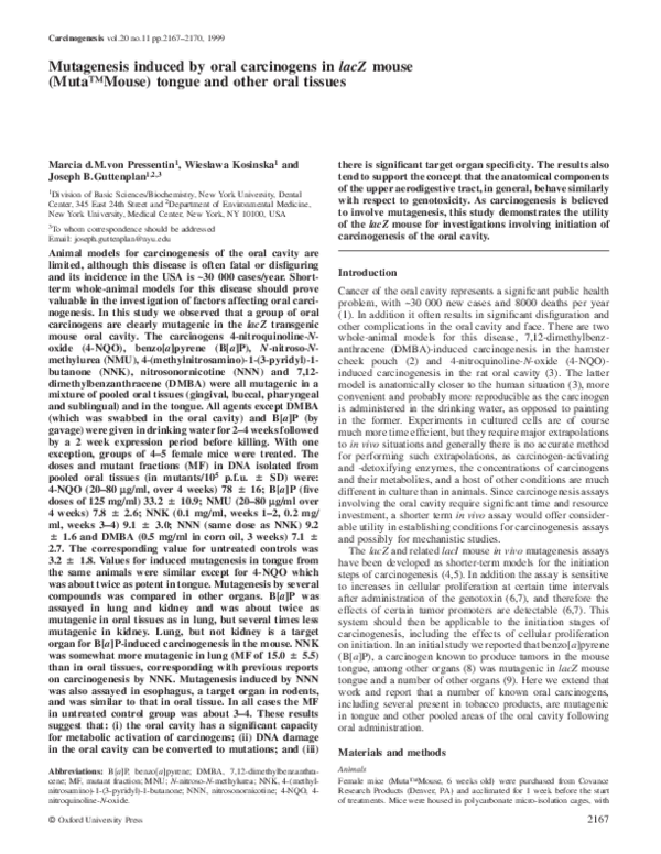 (PDF) Mutagenesis induced by oral carcinogens in lacZ mouse (Muta™Mouse ...