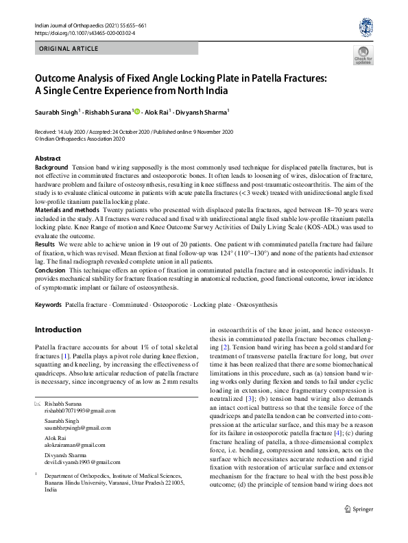 (PDF) Outcome Analysis of Fixed Angle Locking Plate in Patella ...