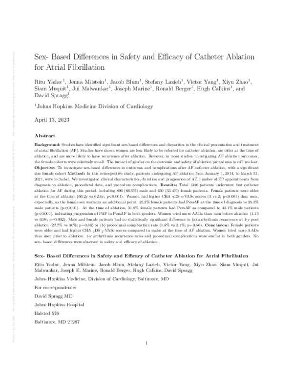 (PDF) Sex- Based Differences in Safety and Efficacy of Catheter ...