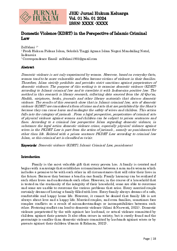 (PDF) Domestic Violence (KDRT) in the Perspective of Islamic Criminal Law
