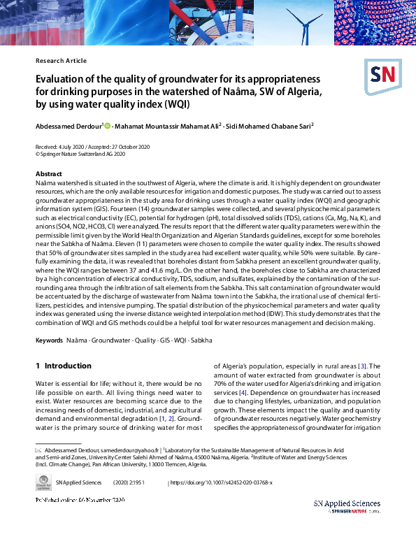 (PDF) Evaluation of the quality of groundwater for its appropriateness ...