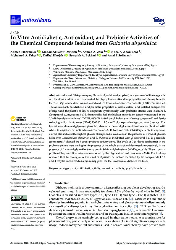 (PDF) In Vitro Antidiabetic, Antioxidant, and Prebiotic Activities of ...