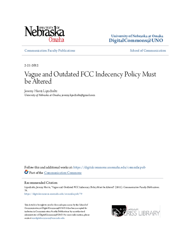(PDF) Vague and Outdated FCC Indecency Policy Must be Altered