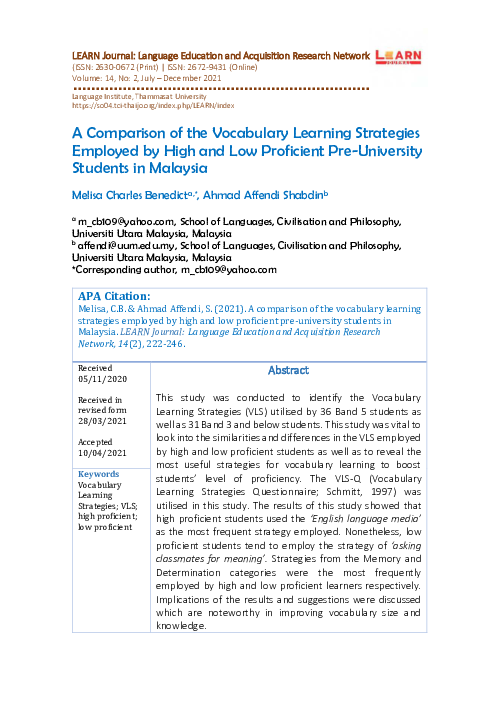 (PDF) A Comparison of the Vocabulary Learning Strategies Employed by ...