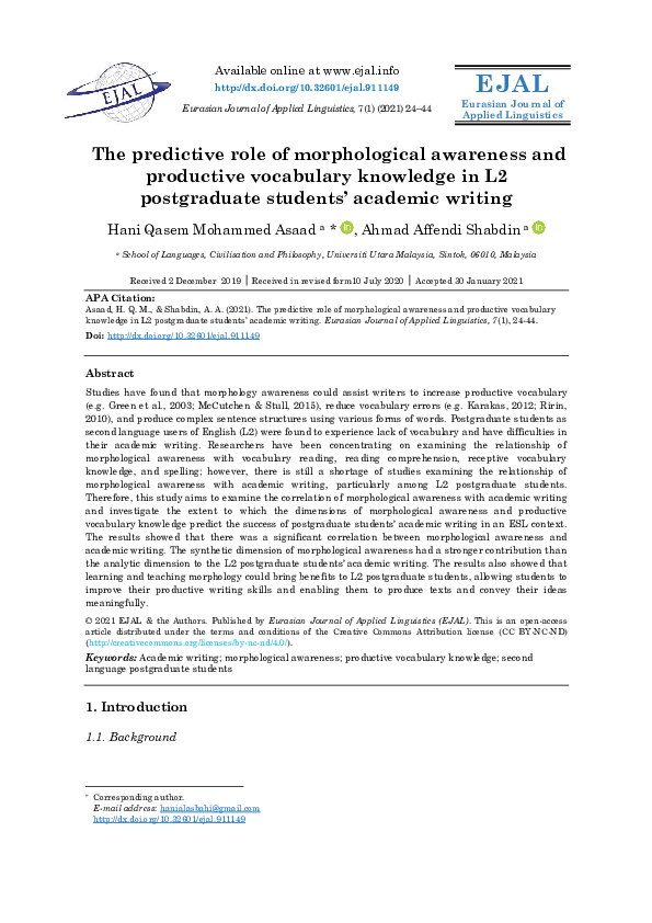 (PDF) The predictive role of morphological awareness and productive ...