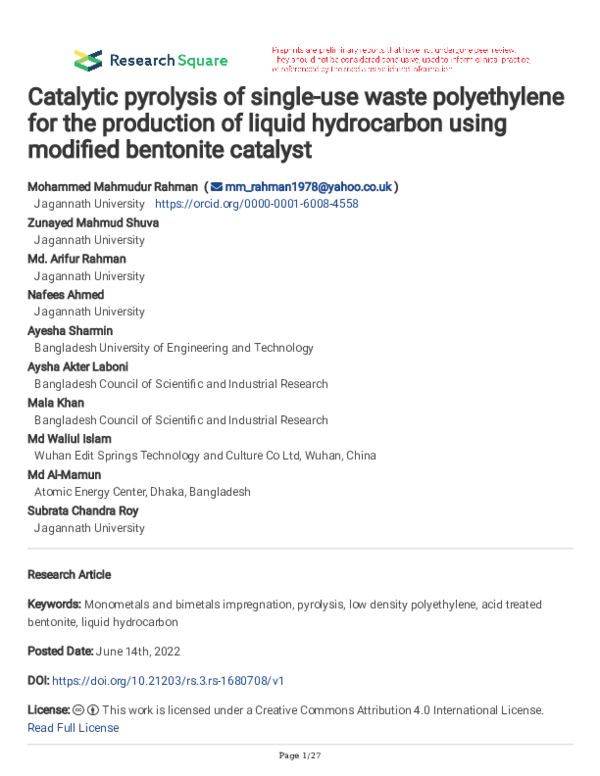 (PDF) Catalytic pyrolysis of single-use waste polyethylene for the ...