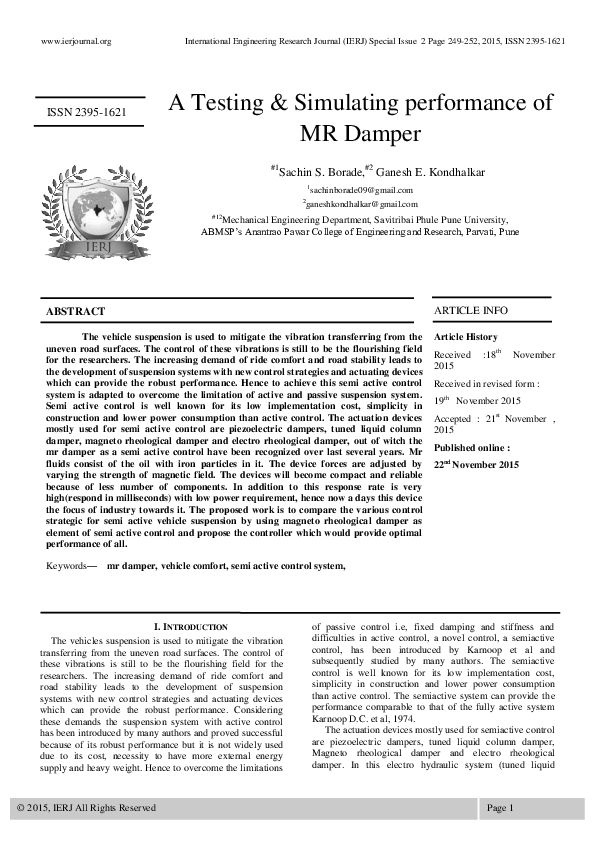 (PDF) A Testing & Simulating performance of MR Damper