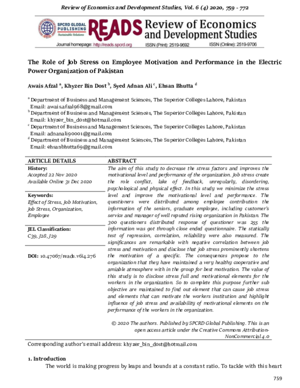 (PDF) The Role of Job Stress on Employee Motivation and Performance in ...