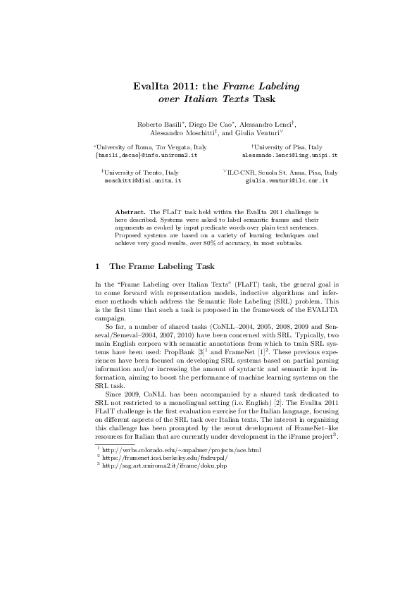 (PDF) EvalIta 2011: The Frame Labeling over Italian Texts Task
