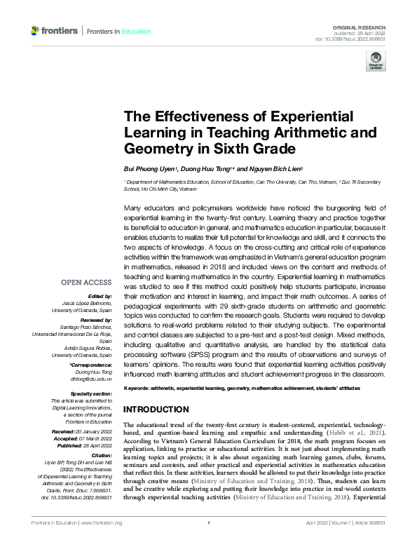 (PDF) The Effectiveness of Experiential Learning in Teaching Arithmetic ...