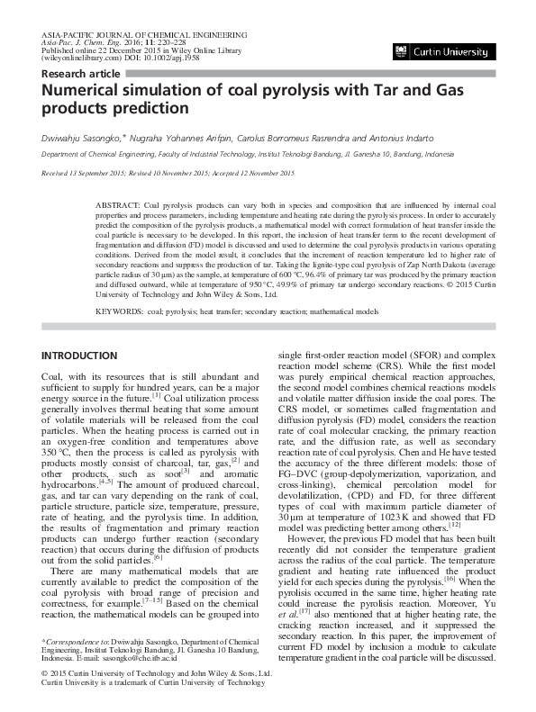 (PDF) Numerical simulation of coal pyrolysis with Tar and Gas products ...