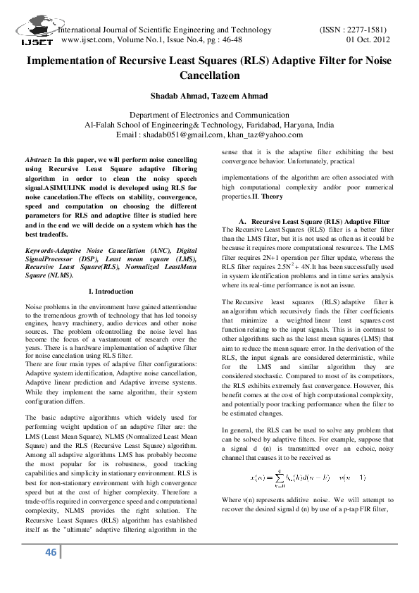 (PDF) Implementation of Recursive Least Squares (RLS) Adaptive Filter ...