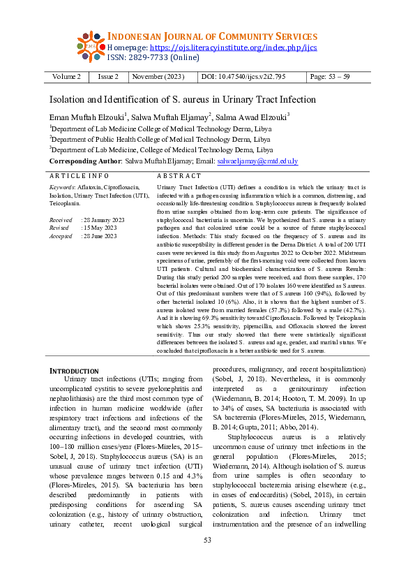 (PDF) Isolation and Identification of S. aureus in Urinary Tract Infection