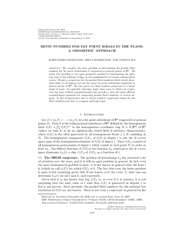 (PDF) Betti numbers for fat point ideals in the plane: A geometric approach