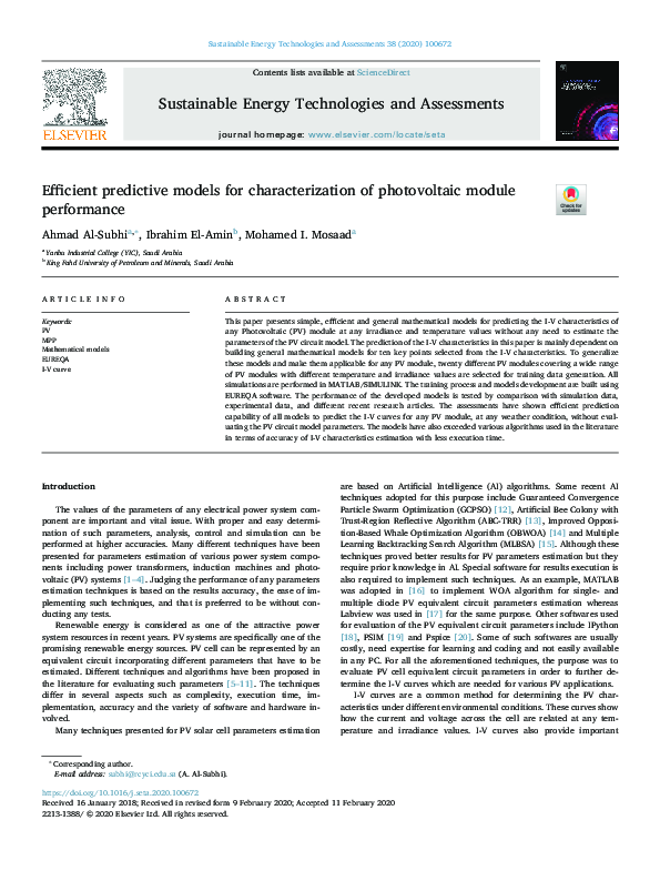 (PDF) Efficient predictive models for characterization of photovoltaic ...