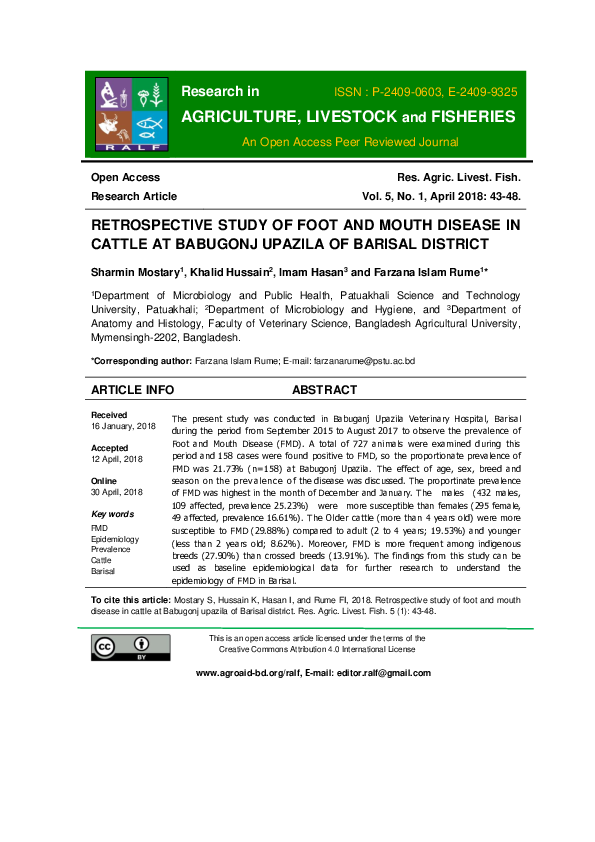 Retrospective study of foot and mouth disease in cattle at Babugonj upazila of Barisal district