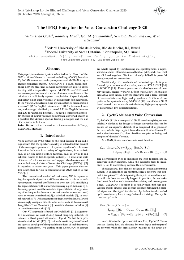 (PDF) The UFRJ Entry for the Voice Conversion Challenge 2020