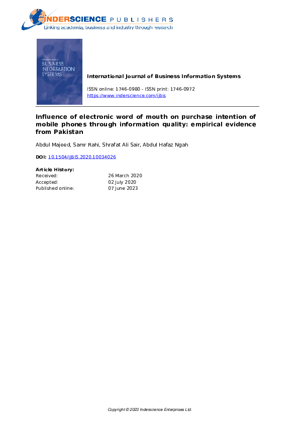 (PDF) Influence of electronic word of mouth on purchase intention of ...