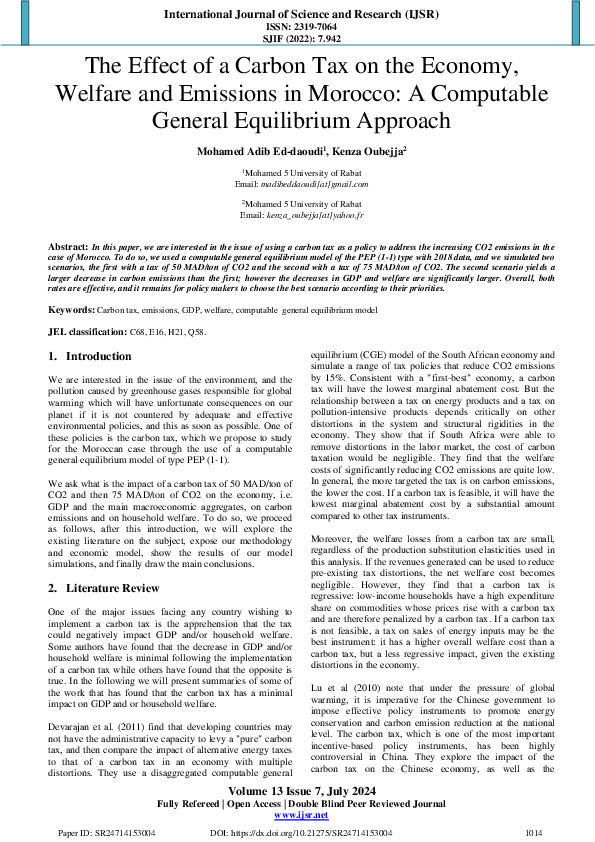(PDF) The Effect of a Carbon Tax on the Economy, Welfare and Emissions ...