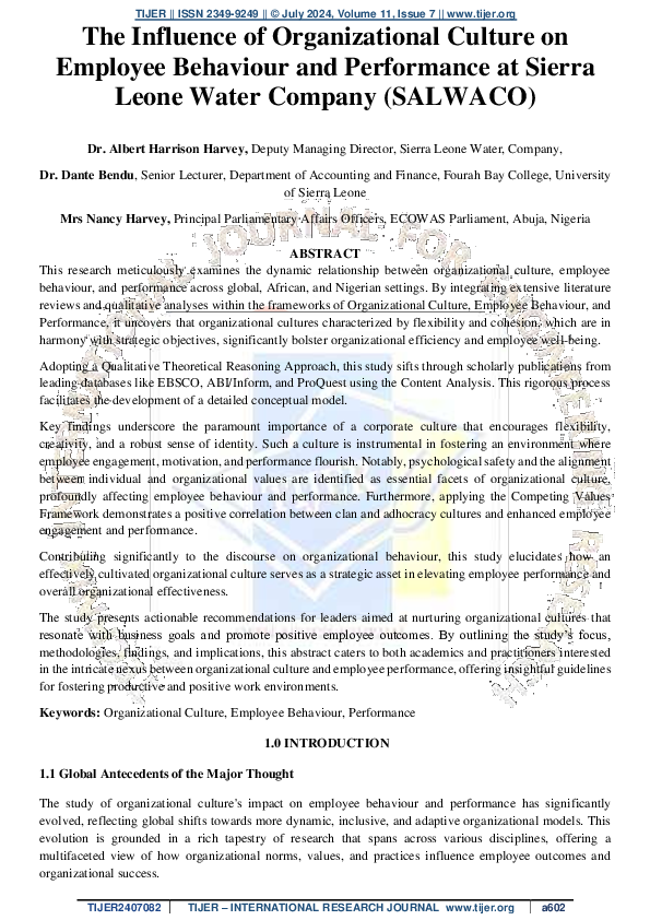 (PDF) The Influence of Organizational Culture on Employee Behaviour and ...