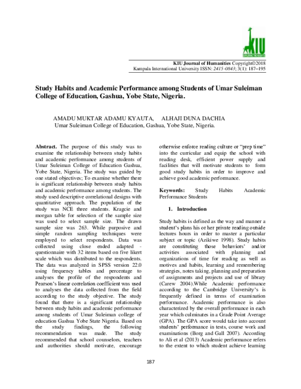 (PDF) Study Habits and Academic Performance among Students of Umar ...