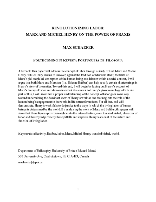 (PDF) Revolutionizing Labor: Marx and Michel Henry on the Power of Praxis