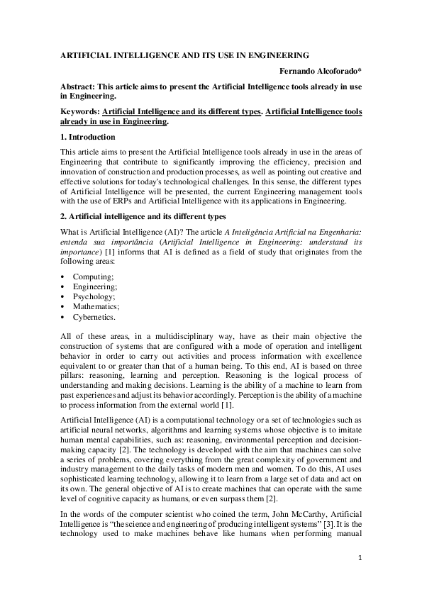 (PDF) ARTIFICIAL INTELLIGENCE AND ITS USE IN ENGINEERING