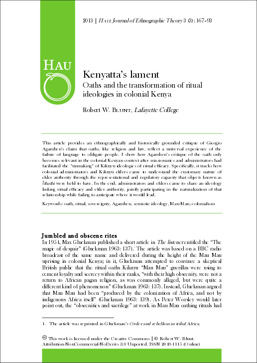 (PDF) Oaths and the transformation of ritual ideologies in colonial Kenya