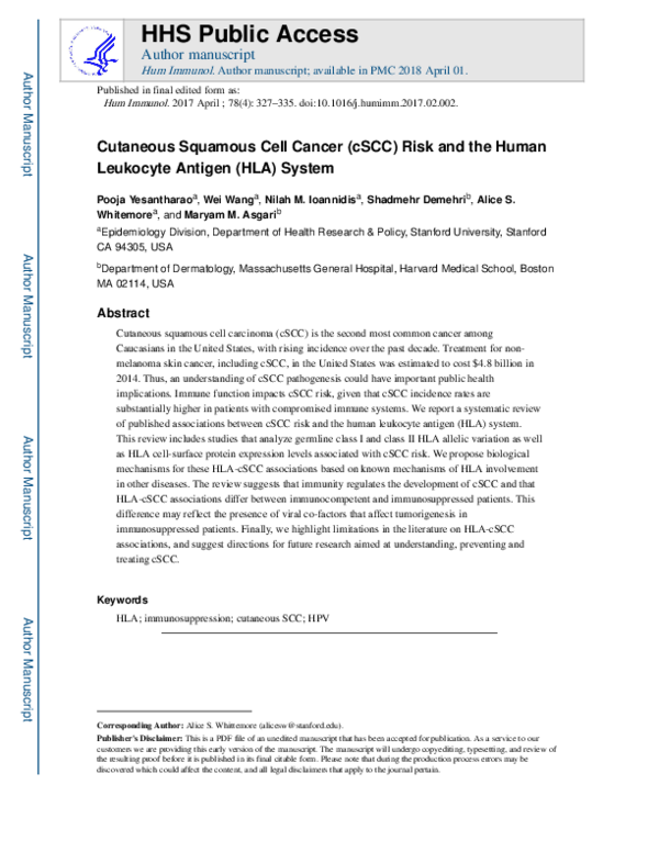 (PDF) Cutaneous Squamous Cell Cancer (cSCC) Risk and the Human ...