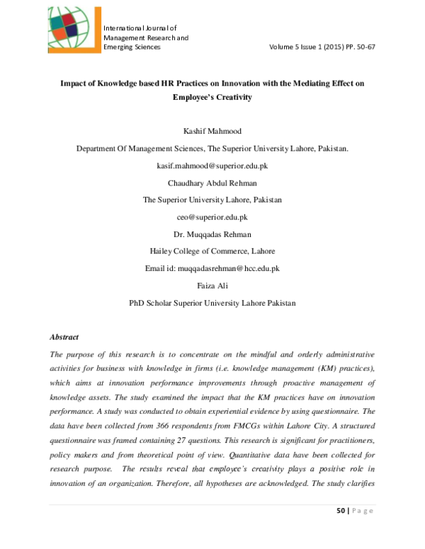 (PDF) Impact of Knowledge based HR Practices on Innovation with the ...