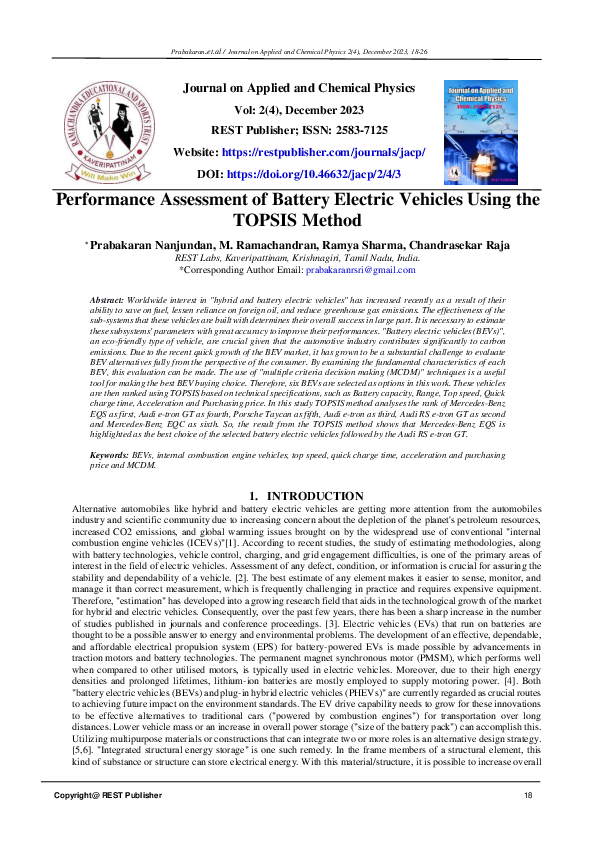 (PDF) Performance Assessment of Battery Electric Vehicles Using the ...