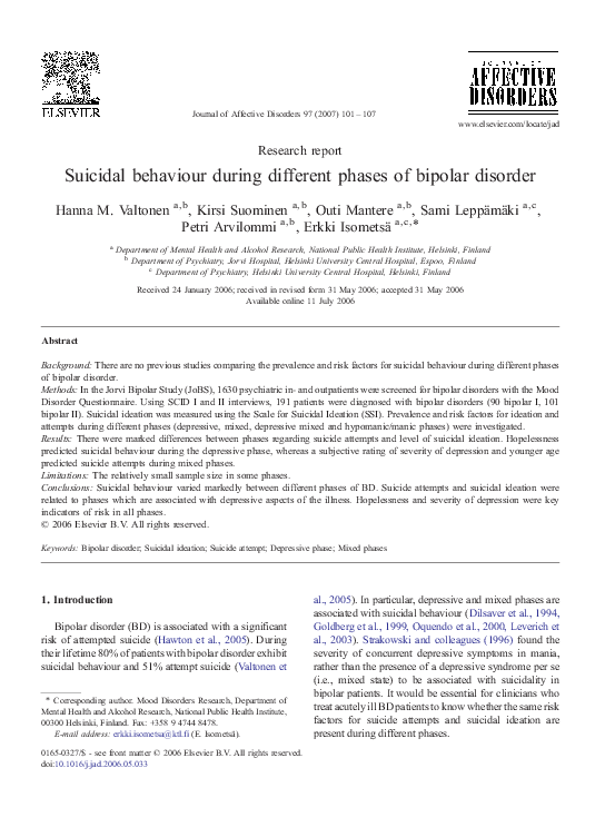 (PDF) Suicidal behaviour during different phases of bipolar disorder