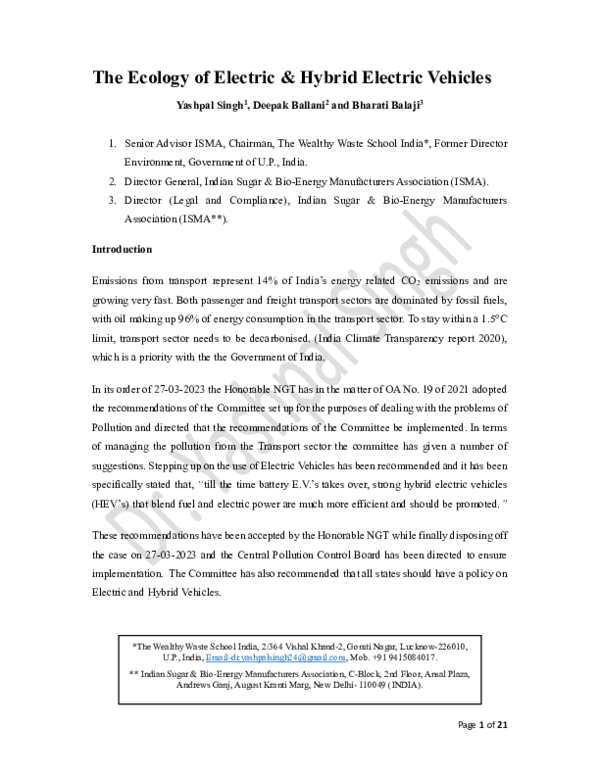 (PDF) The Ecology of Electric & Hybrid Electric Vehicles