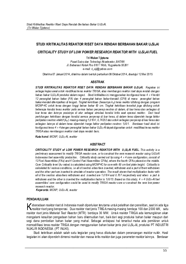 (PDF) STUDI KRITIKALITAS REAKTOR RISET DAYA RENDAH BERBAHAN BAKAR U3Si2Al