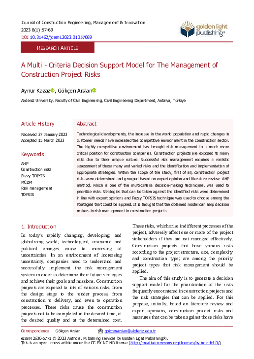 (PDF) A Multi - Criteria Decision Support Model for The Management of ...