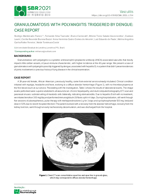 (PDF) Granulomatosis with Polyangiitis Triggered by Dengue: Case Report