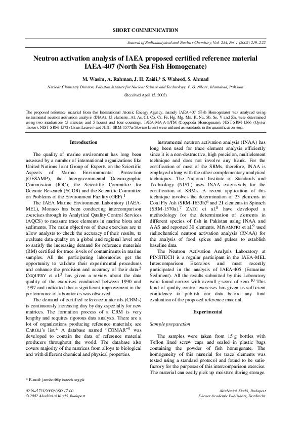 (PDF) Neutron activation analysis of IAEA proposed certified reference ...