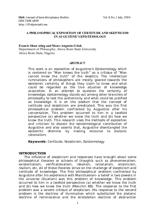 (PDF) A PHILOSOPHICAL EXPOSITION OF CERTITUDE AND SKEPTICISM IN ...