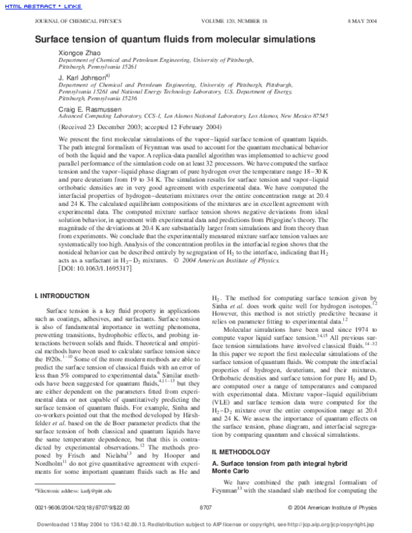 (PDF) Surface tension of quantum fluids from molecular simulations