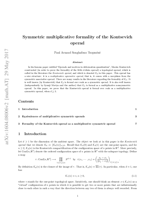 (PDF) Symmetric multiplicative formality of the Kontsevich operad