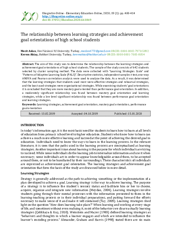(PDF) The relationship between learning strategies and achievement goal ...