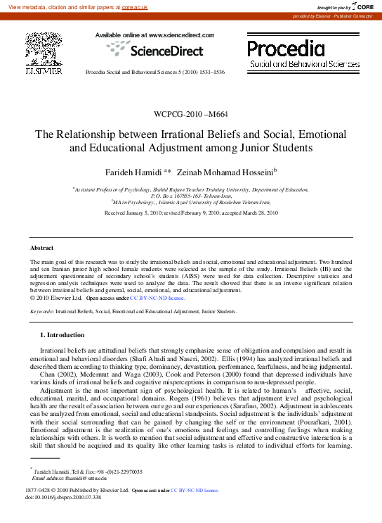 (PDF) The Relationship between Irrational Beliefs and Social, Emotional ...