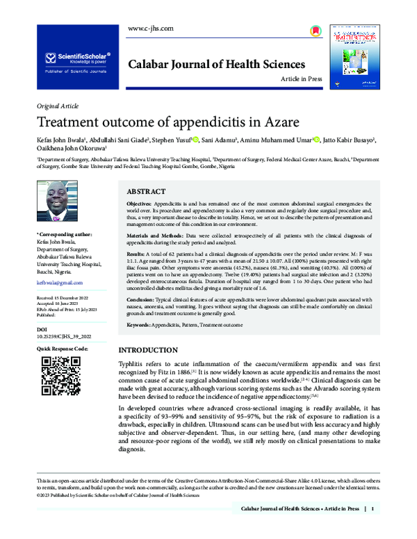 (PDF) Treatment outcome of appendicitis in Azare