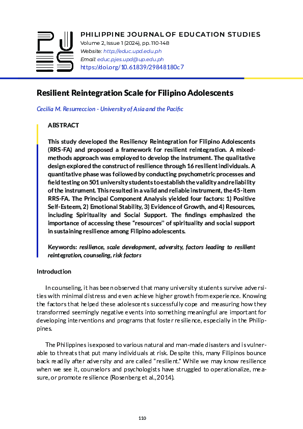 (PDF) Resilient Reintegration Scale for Filipino Adolescents