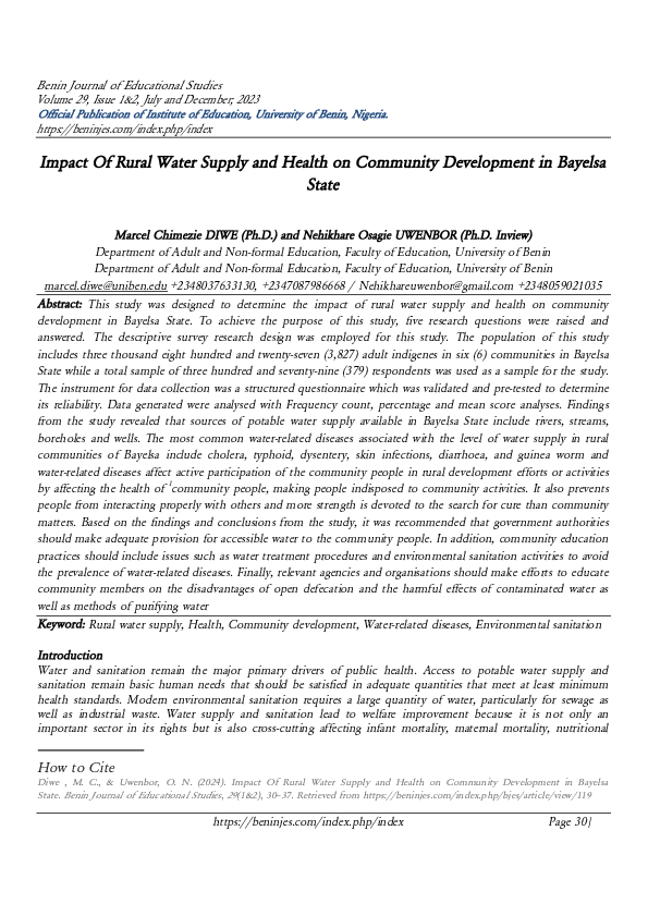 (PDF) Impact Of Rural Water Supply and Health on Community Development ...