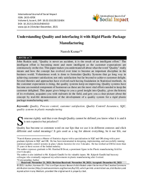 (PDF) Understanding Quality and interfacing it with Rigid Plastic ...